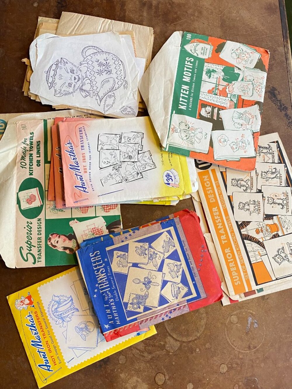1940s LOT Iron Embroidery Transfer Patterns Superior Kittens Aunt Martha Vintage